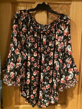 Chaps Black Floral Peasant Tunic - Red & Blue Flowers